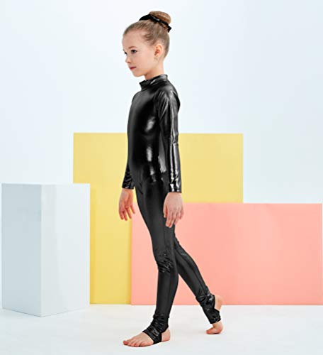 Kepblom Girls Shiny Metallic Mock Neck Unitard Long Sleeve Zipper Back One Piece Bodysuit Costume