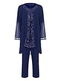 Alvivi Traje Elegante de Tres Piezas para Mujer Conjunto Pantalón de Fiesta Vestir y Blusa Gasa sin Mangas y Rebeca Cárdigan Frente Abierto S-5XL N Azul Marino A L