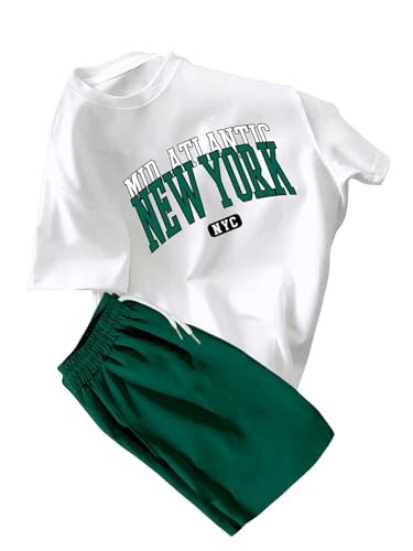 BEAUDRM Conjunto masculino de 2 peças com estampa de letras, camiseta de manga curta e shorts com co