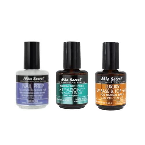 Mia Secret Nail Prep 0.5 oz (NP-30), Xtrabond Primer 0.5 oz (PR100), & Luxury UV Base & Top Gel 0.5 oz (FGN-02)