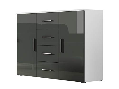 Preisvergleich Produktbild Mirjan24 Kommode Uni Soho, Highboard, Sideboard, Farbauswahl, Mehrzweckschrank, Anrichte, Wohnzimmerschrank, Schrank, Wohnzimmer (Weiß / Grau Hochglanz)