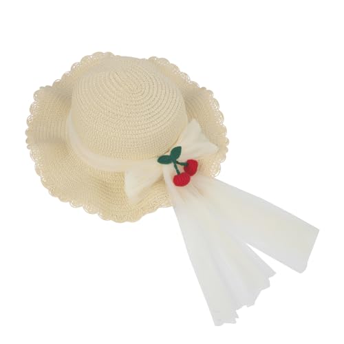 Strohhut Kinder Mädchen Kleinkind Sonnenhut Süßer Sommer Breite Krempe Strandhut Anti-UV Spitze Strandkappe Strand Hüte Rund Mütze Sommerhut mit Kirsche Dekoration Schleife für Urlaub Reise (Beige)