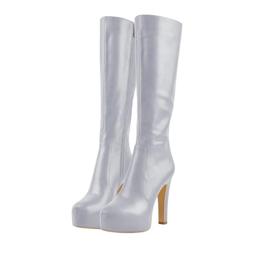 Image of richealnini Women's Low Platform Block High Heel Knee High Boots with Zipper