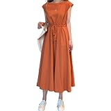 【Sun shop】ワンピース レディース 夏 ロング リネンワンピース リネン混ワンピース フレンチスリーブ ウエストゴム 綿麻 リネン混 ロング マキシ A ライン ウエストシャーリング ワンピ (S, オレンジ)