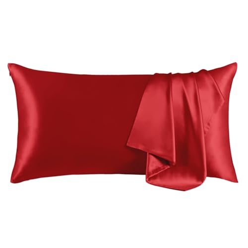 THXSILK 100% Pure Mulberry Silk Pillowcase for Hair and Skin - Upgraded Real Grade 6A+ Mulberry Silk - Durable, Soft & Anti-Aging Silk Pillow Case with Zipper(California King Size 20"x40", Red)