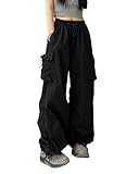 [ＭＴＵＩＯＹ] カーゴパンツ レディース ワイドパンツ カジュアル オシャレ 薄手 無地 ズボン ゆったり 大きいサイズ 4-Black-M