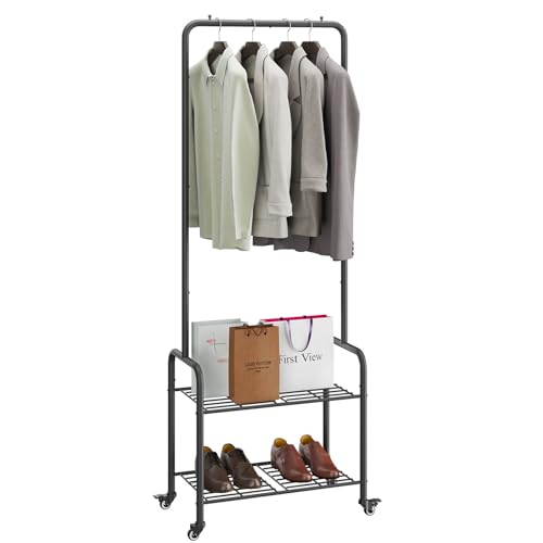 YMYNY Porte-manteau sur Pieds, Porte-Manteau avec Étagère à Chaussures, Portant à Vêtements avec roulettes, Meuble d’Entrée, Porte-Manteau en Acier,...