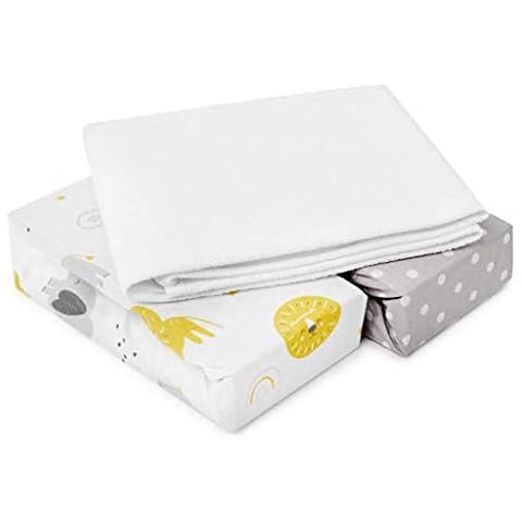 FlyIdeas Juego 3 Pza - 2 Sabanas Bajeras para Cuna 120x60 cm con Esquinas Engomadas y 1 Protector Colchon Impermeable Cover