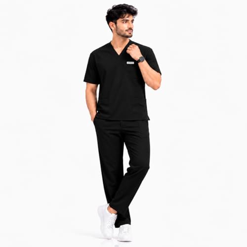 Image of Unisex Medical Scrub Suit Set, V-Neck Top with Pants, Short Sleeve, Polyester Cotton Blend, 7 Pockets, Regular Fit, Hospital Doctor Nurse Uniform