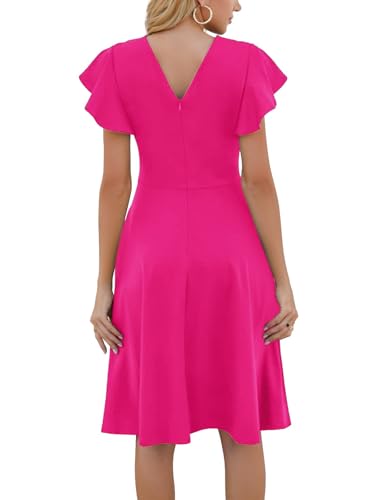 Image of MSLG Women's Fit and Flare Ruffle Short Sleeves Dresses Work V-Back Cocktail Semi Formal A Line Dress with Pockets 842