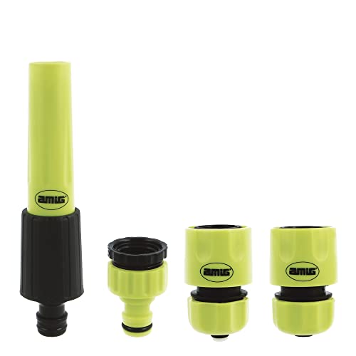 Amig - Kit de Riego | 4 Componentes | 1 Lanza de Riego con Caudal Regulable, 1 Adaptador con Reductor y 2 Empalmes Rápidos de 1/2' y 3/4' con Función Stop | Plástico ABS | Verde Pistacho y Negro