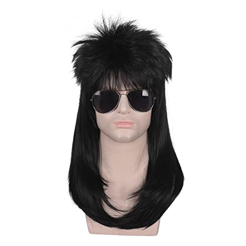 FYXZHUO Mens Black Mullet Wig 80s Long Rock and Roll Wigs Cosplay Halloween Costume Wigs
