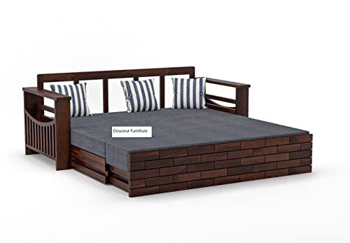 Image of Douceur Furnitures Solid Sheesham Wooden Sofa Cum Bed Queen Size with Storage for Living Room | Wooden Foldable 3 Seater Sofa Cum Bed with Headboard Folding Double Bed for Home Bedroom (Walnut)