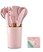 Set di utensili da cucina in silicone, 11 pezzi, set di utensili antiaderenti, spatola resistente al calore, con manico in legno e panno per spolverino, colore: rosa
