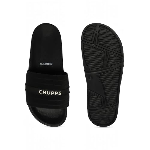 Image of CHUPPS Stitch Black & Black Drift Orthopedic Slippers | Soft Footpharma Footbed | Breathable Ventilation Holes | Lightweight Flip Flops | Anti-Skid Chappals for Everyday For Womens