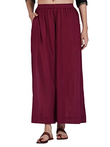 Image of fabcoast Loose Fit Palazzo Pants for Women A-Line Flared Wide Leg Summer Ethnic wear Pure Cotton Cambric with Full Elastic Waistband and 2 Side Pockets