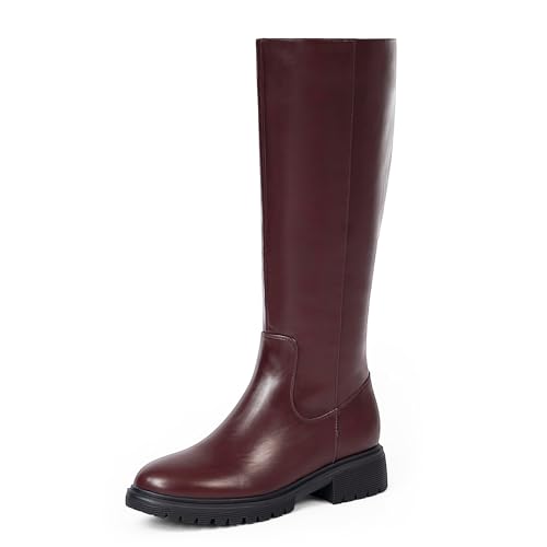 VIUGJNEX Kniehohe Stiefel für Damen, runder Zehenbereich, modisch, hohe Reitstiefel, klobige Plattform, lang, flacher Stiefel mit seitlichem Reißverschluss, niedriger Absatz, Blockstiefel, Burgunder