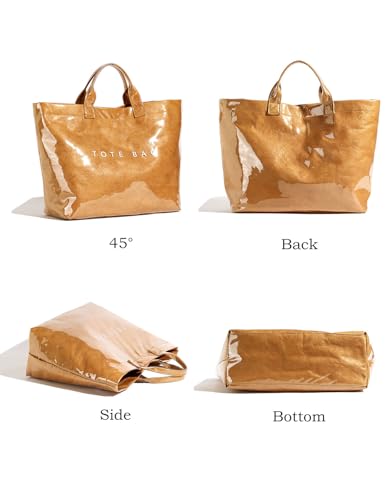 Image of PVC Tote Bag Gifts for Women Large Tote Purse Kraft Paper Letter Print Hobo Handbags for Work Beach Shopping Travel