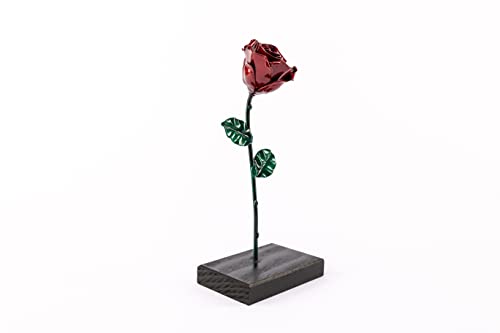 Forging Art Bcn® Rosa Eterna de Hierro Forjada a Mano con Base de Madera- Regalo Día de la Madre, San Valentín, Bodas de hierro (6 aniversario) (Roja/Verde con Base)