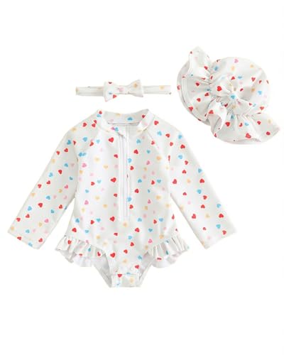 Baby Swimsuit Girl 3-Piece Set 0M-3T, Long Sleeve Toddler Swimming Costume with Hat & Headband, UPF 50+ Infant Rash Vest Front Zipper & Snaps, White Heart 6-12 Months
