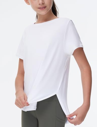 THE GYM PEOPLE Girl's Athletic Shirts Short Sleeve Workout Tops Kids Basic Tees with Side Slits4