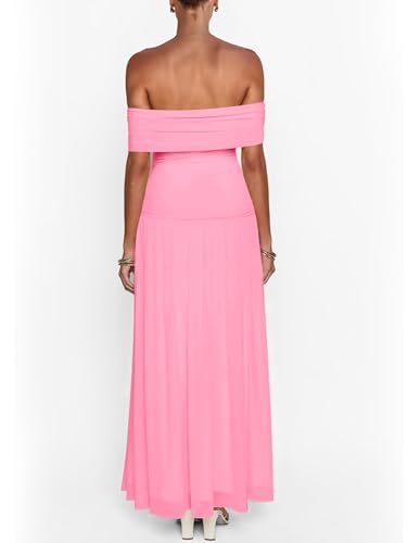 Image of MASCOMODA Women Off The Shoulder Mesh Maxi Dress Bodycon Ruched Formal Sleeveless Pleated Cocktail Wedding Guest Long Dresses