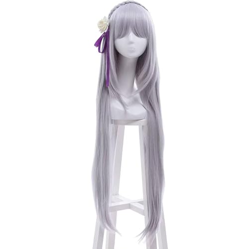エミリア/Emilia かつら コスプレヘアーガール 長髪 ストレート グレー トップ 合成繊維ヘア お下げ ハロウィンコスチュームパーティーアニメフェアコスプレパフォーマンス+ウィッグハット