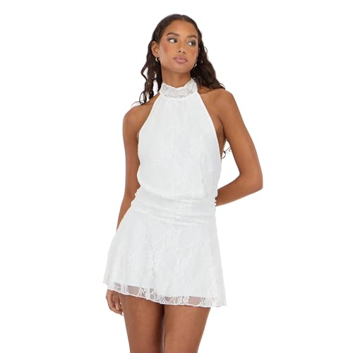 Forever 21 Women's Halter Neck Mini Lace Dress, Ivory, XL