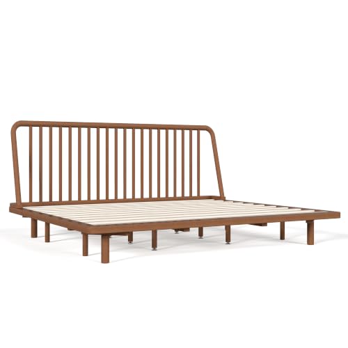 Image of Bellemave King Size Bamboo Bed Frame with Slatted Slanted Headboard,Brown