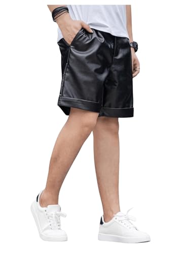OYOANGLE Shorts masculinos de couro PU zíper perna reta calça curta clube, Preto, P