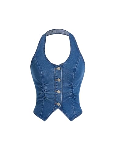 SweatyRocks Women's Asymmetrical Hem Button Down Slim Fit Sleeveless Halter Denim Vest Tops