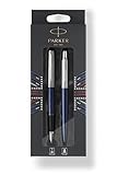Dieses Kugelschreiber- und Druckbleistiftset wird in einer elegant dekorierten Parker-Geschenkbox präsentiert, die vom britischen Erbe inspiriert ist