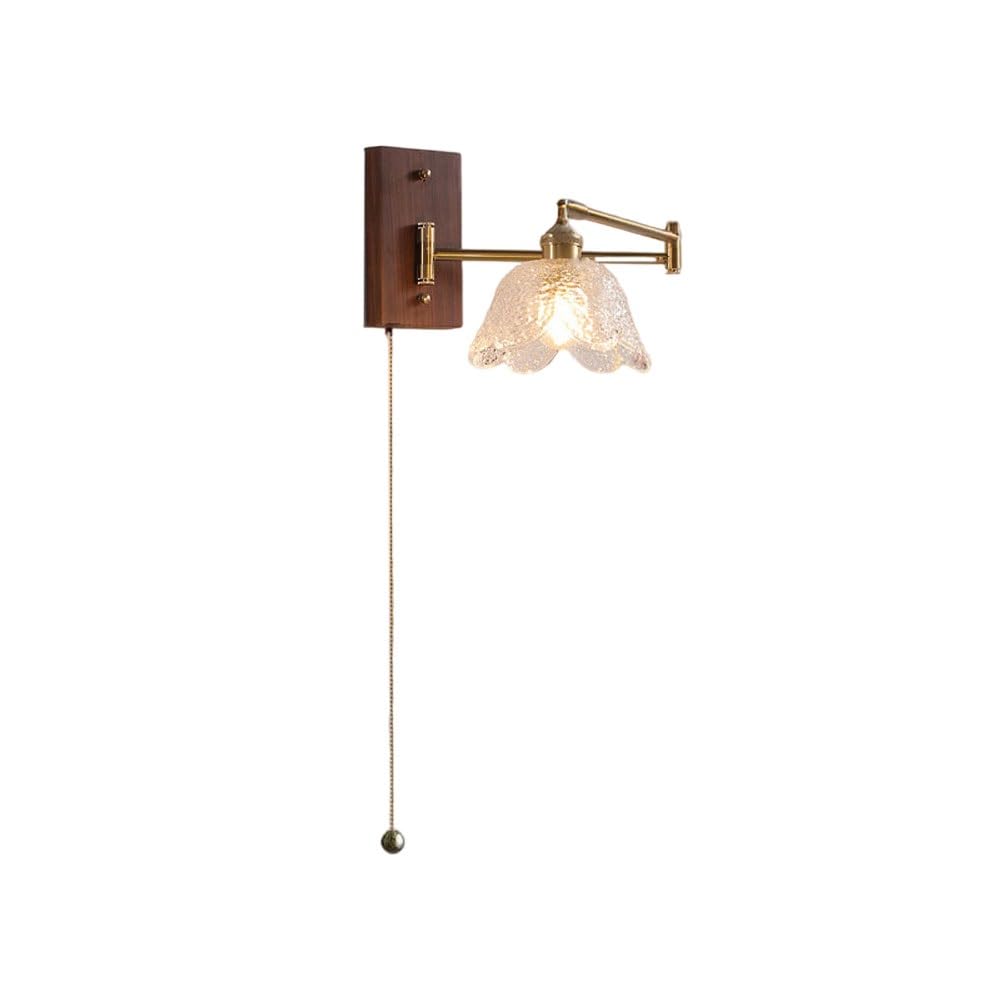 Regulowana lampa ścienna w stylu retro, obrotowa lampa ścienna w stylu vintage z przełącznikiem suwakowym, lampką nocną z kwiecistym szkłem, mosiężna lampa ścienna do sypialni