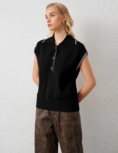 Image of MISSACTIVER Women Casual Button Down Lapel Collar Sweater Vest Sleeveless Knit Loose Fit Stripe Trim Pullover Tank Tops(Medium,Black)