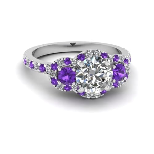 Image of 55Carat Choose Your Gemstone Delicate 3 Stone Halo Diamond CZ Ring Sterling Silver Round Shape Halo Engagement Rings Everyday Jewelry Wedding Jewelry Handmade Gifts for Wife US Size 4 to 12