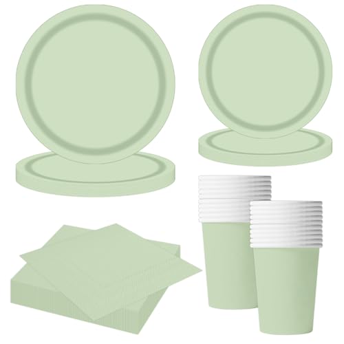 MORAINJAY 68Pcs Sage Green Party Tableware Set Sage Green Paper Plates Cups Napkins Birthday Wedding Baby Shower Graduation Anniversary Table Decoration Holiday Party Supplies