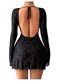 MakeMeChic Women's Floral Print Long Sleeve Mini Dress Mesh Backless Y2k Going Out Dresses Black Medium