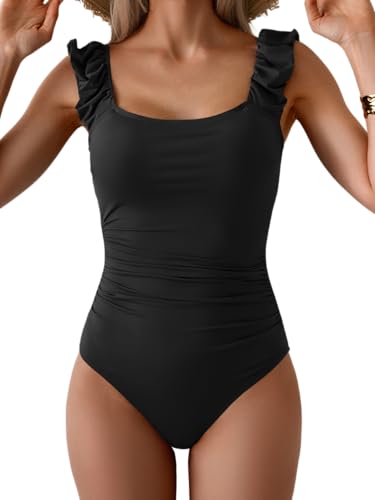 Eomenie One Piece Swimsuit for Women Puffy Sleeves Tummy Control Bathing Suit Tie Back Swimwear
