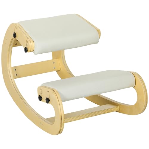 HOMCOM Silla de Rodillas, Mecedora ergonómica de Madera, Silla de Rodillas Ajustable para la Oficina en casa, Mejorar la Postura, Dolor de Espalda, Crema