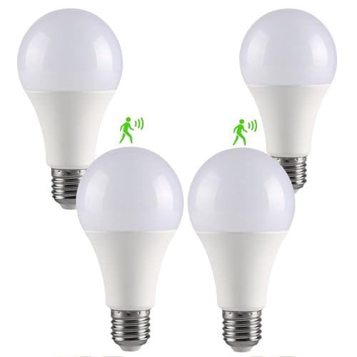 4 Pack Motion Sensor Light Bulbs 12W (100W Equivalent) Motion Activated Dusk to Dawn A19 E26 LED Bulb Glass-Penetrating Sensor Upward/Downward Mounting Indoor & Outdoor for Garage Porch Hallway