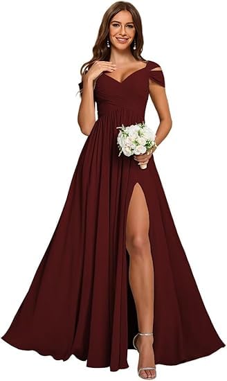 JIIL Wickelkleid,Damen Off Shoulder Chiffon Brautjungfernkleider Lang - Formeller A-Linie V-Ausschnitt Lang Abendkleider Elegant Hochzeit Schlitz...