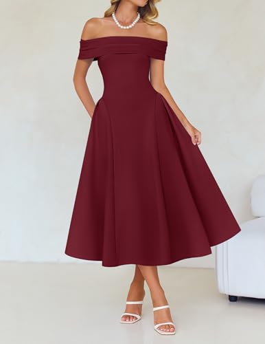 Image of ZESICA Summer 2026 Cocktail Dresses for Women's Off Shoulder Short Sleeve Swing A Line Wedding Evening Party Midi Dress