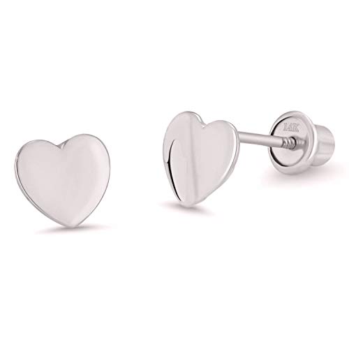 14k White Gold Plain Heart Children Screwback Baby Girls Stud Earrings