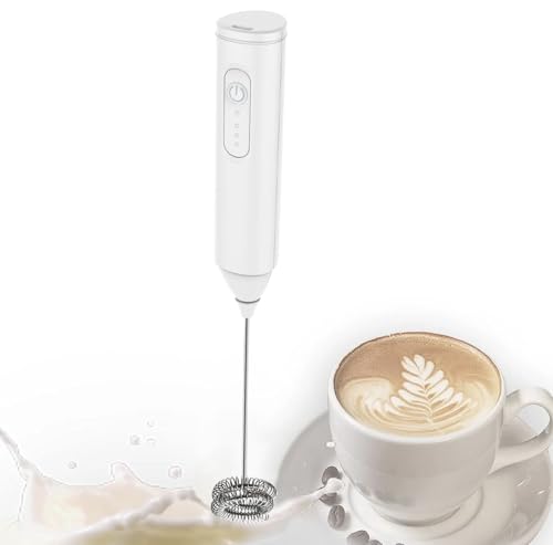 Electric Milk Frother, USB Rechargeable, 3 Speed Settings, Stainless Steel Whisk, Low Noise (White)