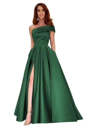Everlong One Shoulder Prom Dress Long Bridesmaid Dresses with Pockets Ruched Satin Evening Formal Gowns with Slit EL013