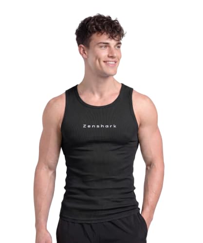 Image of ZENSHARK Gym Vest for Men | Sleeveless T Shirt Sando Tank Top | 2x2 Ribbed Cotton Lycra Ribbed Vest | Round Neck Slim Fit 4 Way Stretch | Sleeveless Gym T Shirt for Workout Training