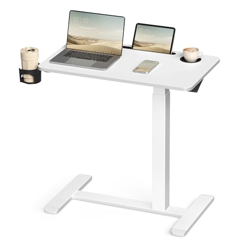 VASAGLE Escritorio con Ruedas, Mesa Auxiliar, Tablero de 70 x 40 cm, Altura Ajustable, 2 Portavasos, Ranura para Teléfono Móvil o Tableta, Blanco Nube LSD600W01