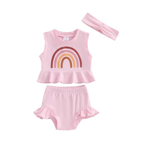Finegoodwei Baby Girls Summer Outfits Rainbow Print Tank Tops and Solid Color Shorts Headband 3 Pcs Set Fashion Clothes (Pink, 0-3 Months)