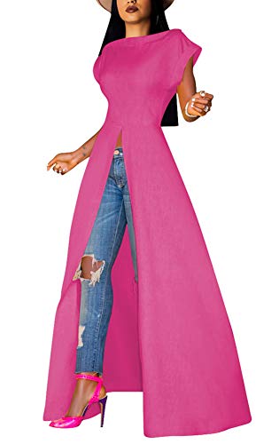 Womens Casual Crew Ncek Short Sleeve Jumpsuits Solid Open Front Split Wide Leg Jumpsuit Rompers Rose L