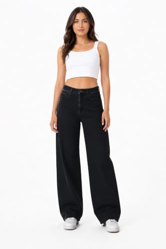 Image of Women's High Rise Wide Leg Denim Jeans | Stretchable Casual Blue Jeans for Women | Classic 5 Pocket Style | Comfortable Everyday Wear
